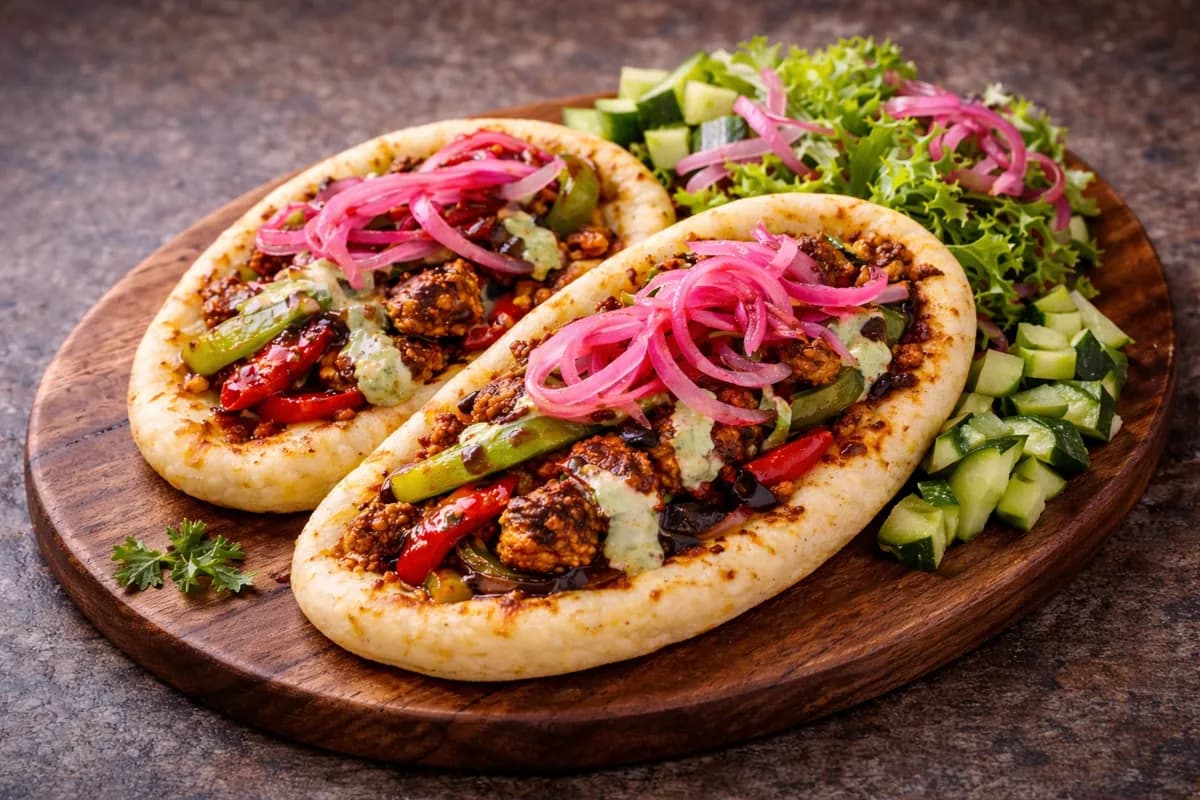 Sizzler Naan - Open-face naan with sizzling toppings and pickled onion